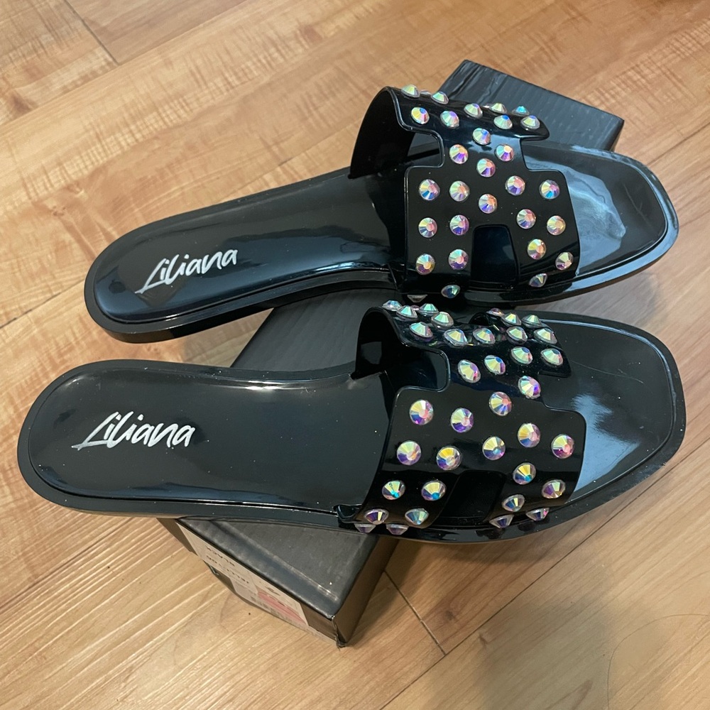 Liliana Iridescent Studded Black Slide Sandals